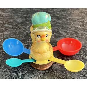 Vtg Josef Originals Ceramic Chicken Hen with Measuring Spoons Kitschy Figurine